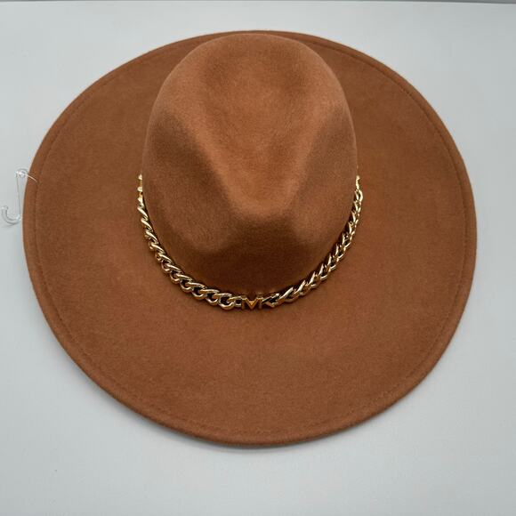 Michael Kors Hat Womens Small Medium Brown Felt Wool Fedora Gold Tone Chain - Picture 1 of 7